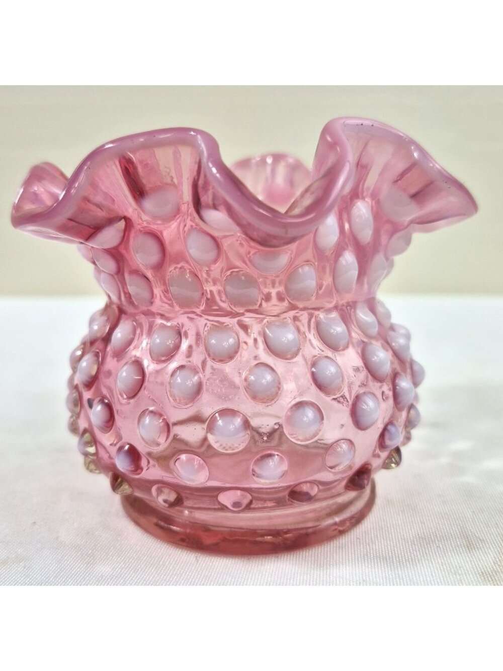 Fenton Pink Hobnail Opalescent Glass Vase Ruffled Edge 3" Tall Collectible Decor